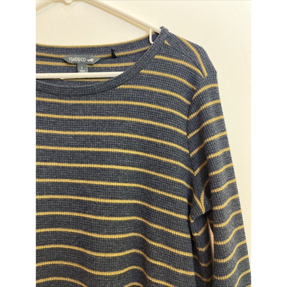 Toad & Co L Dress Blue Tan Stripe Organic Cotton Recycled Polyester Pockets - Picture 3 of 8